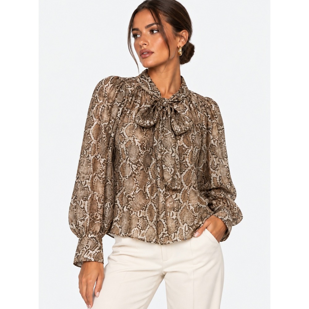 Bailey 44 Snakeskin Print Tie Neck Blouse Brown Tan Long Sleeve Top L NWOT New